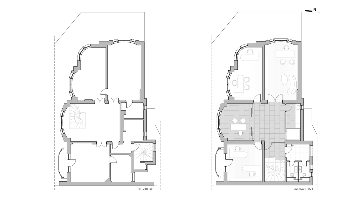 Plan releveu si planul amenajarii etajului 1 a imobilului din strada Haga, Bucuresti
