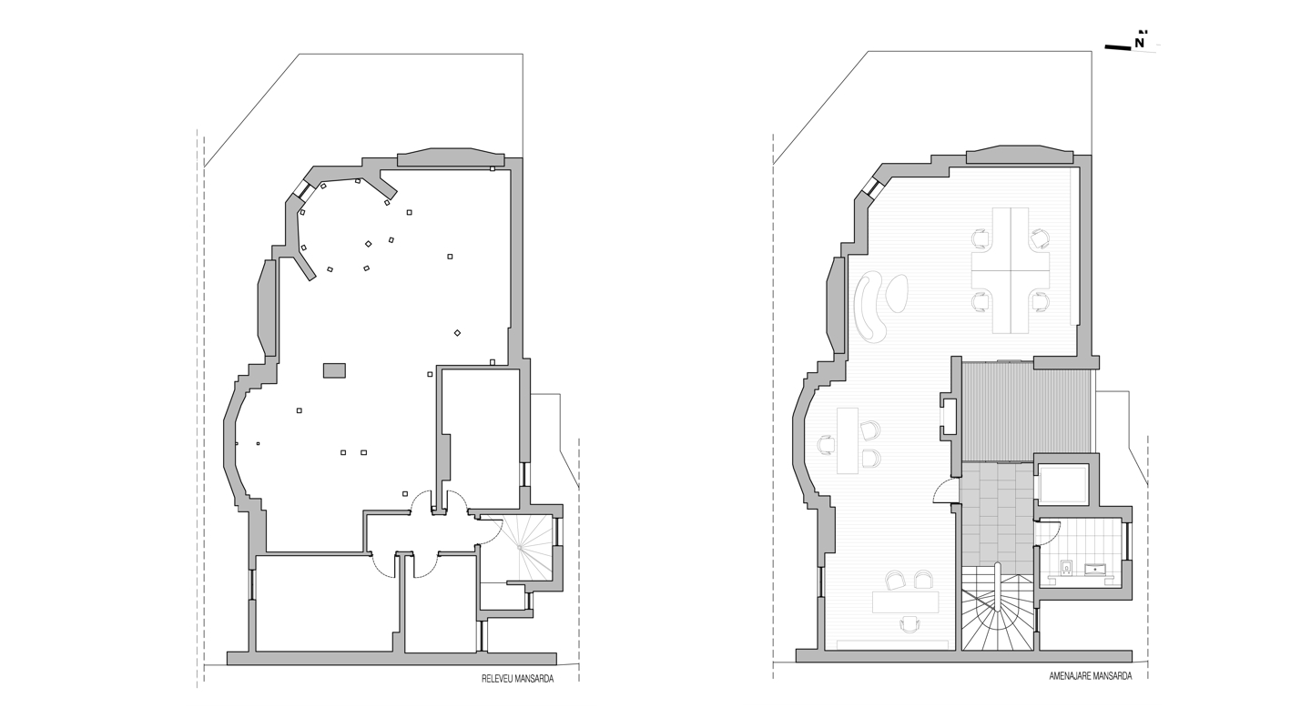Plan releveu si planul amenajarii mansardei imobilului din strada Haga, Bucuresti