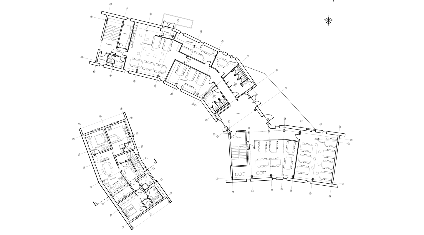 Planul etajului 1 al corpului adminstrativ si cantinei din complexul multifunctional Dragoslavele, Arges