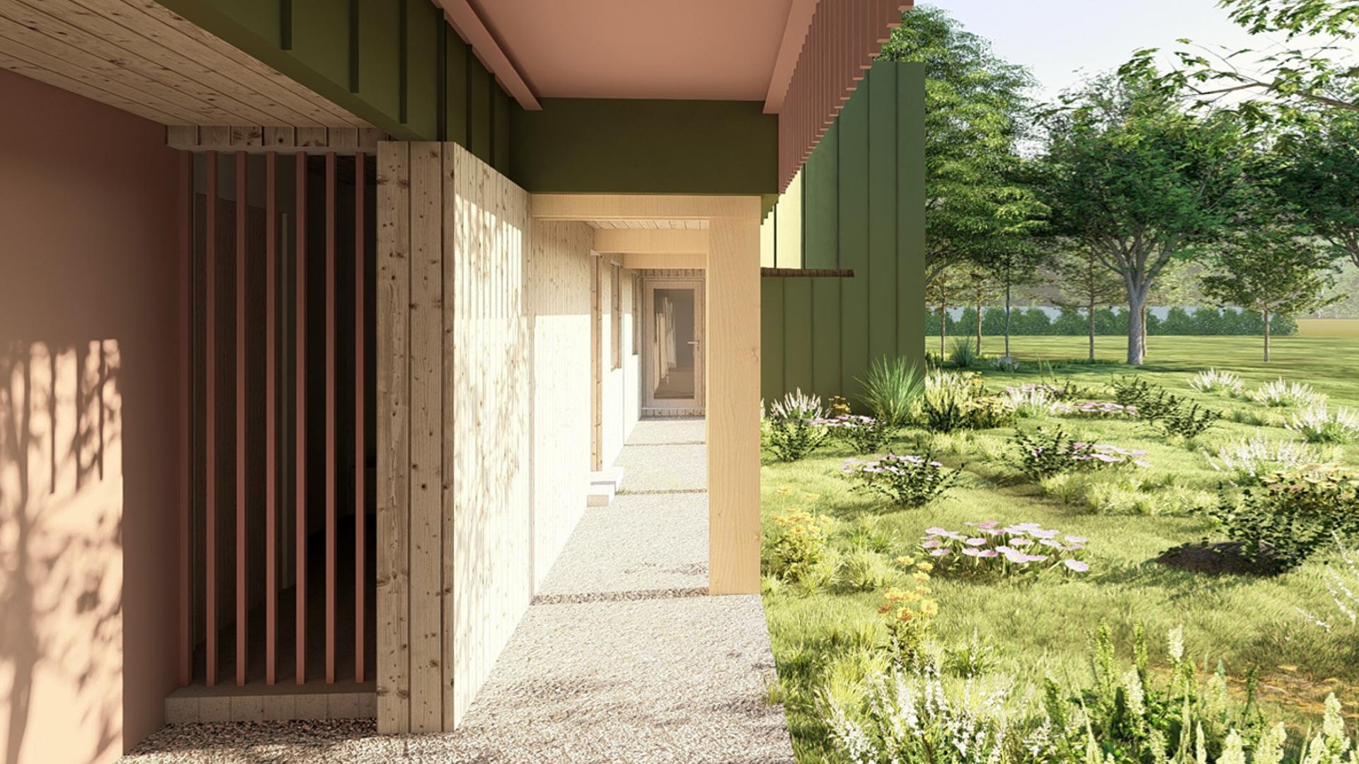 Structura de lemn lamelar ce creează o zonă de portic la nivelul parterului