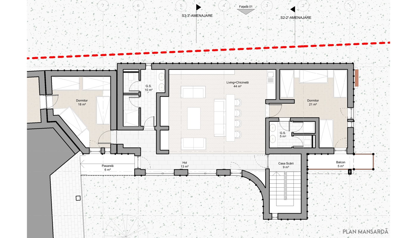 Planul nou al mansardei unei clădiri extinse
