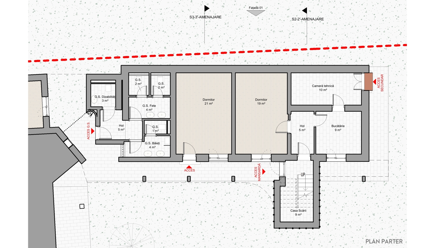 Planul parter al unei clădiri extinse
